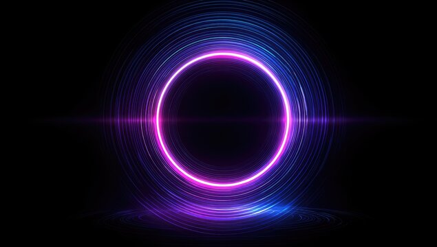 Abstract art of a glowing pink & blue halo and concentric circles on black