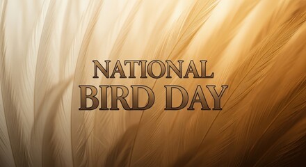National bird day text overlay on a soft focus background of feathers in warm golden and cream tones, celebrating avian appreciation and conservation efforts