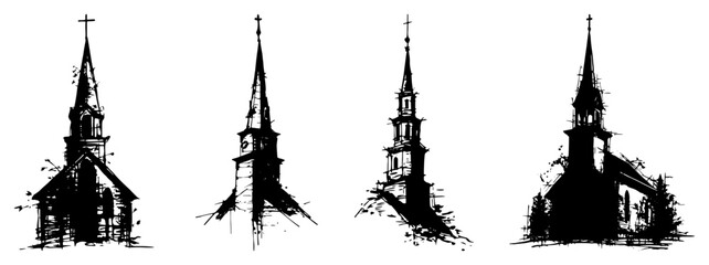 Obraz premium Set of four old church steeples with crosses architectural black ink vector illustration