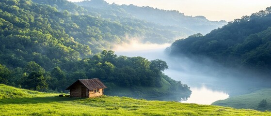 A rustic wooden cabin sits on a vibrant green, grassy hill overlooking a tranquil river valley shrouded in morning mist. Lush, tree-covered mountains rise in th