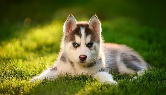 Cute Siberian Husky Puppy Lying On Green Grass - Powered by Adobe
