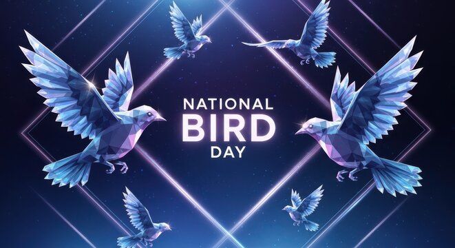 National bird day with multiple blue birds flying in a symmetrical pattern against a dark blue background with glowing geometric lines