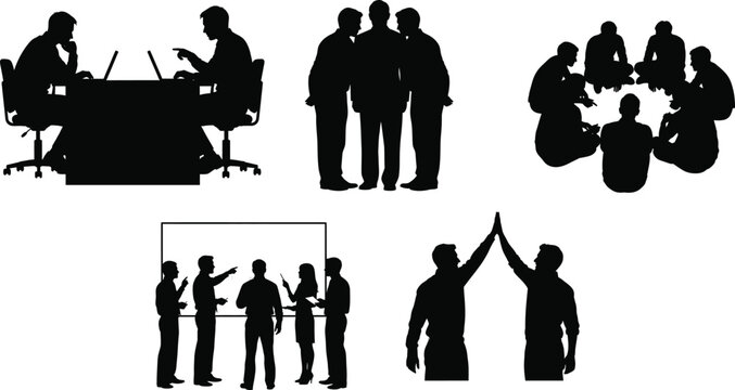 Silhouette illustrations of business people in various meeting and teamwork scenarios