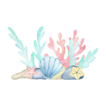 Blue shell, pink starfish, teal coral and round stones combine in a soft hand drawn watercolor clipart great for seaside cards, nursery decor, apparel prints, branding sets and coastal craft projects