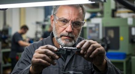 Caucasian elderly man factory worker wearing protective glasses and uniform checks details with caliper in engineering workshop, industrial work