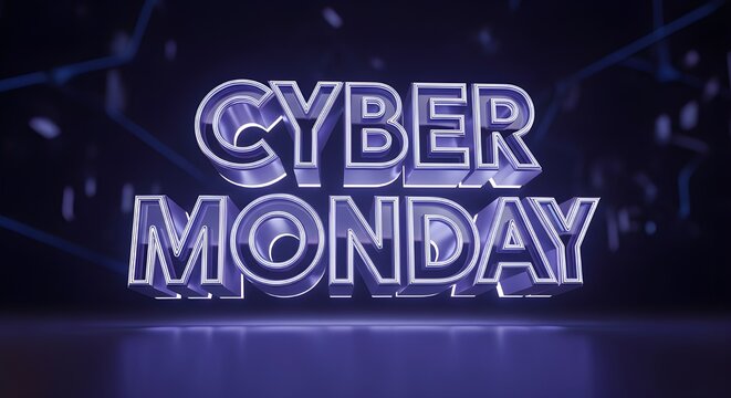 Glowing 3D “CYBER MONDAY” text with purple outline and digital background—futuristic, bold, and built for online buzz.