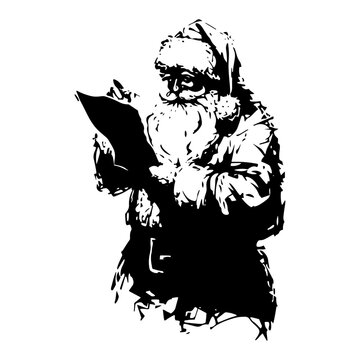Santa Claus checking list of naughty or nice children vector sketch hand drawn christmas illustration
