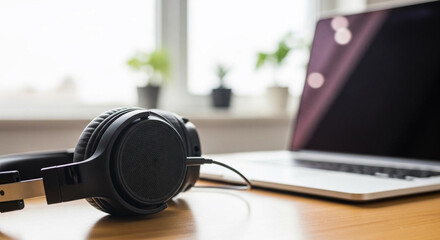 Headphones and laptop on a wooden desk modern workspace for remote work and online learning with natural light from a window