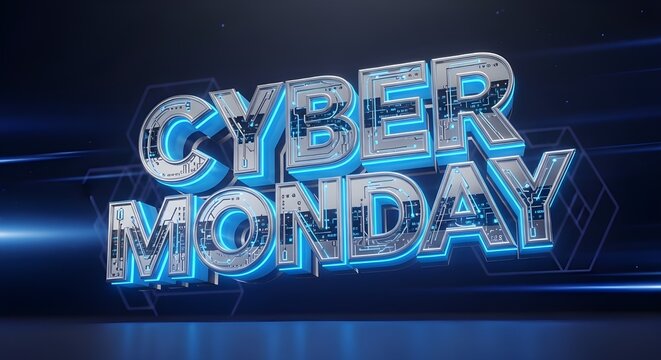 Glowing “CYBER MONDAY” text over circuit-style blue background—futuristic, sleek, and built for digital retail buzz.