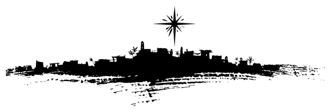 Wide panoramic silhouette of Bethlehem town skyline under nativity star vector ink sketch illustration