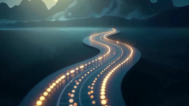 Milestone planning and strategic plant map create glowing road journey roadmap with lights forming clear path for future success