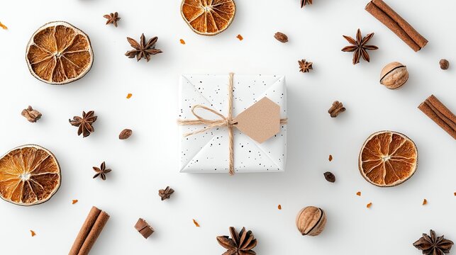 A single white gift box with a brown tag, surrounded by dried orange slices, star anise, cinnamon sticks, and walnuts, arranged on a clean white surface.