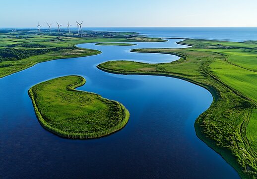 Aerial view of a winding river through green fields with wind turbines Keywords: aerial, view, river