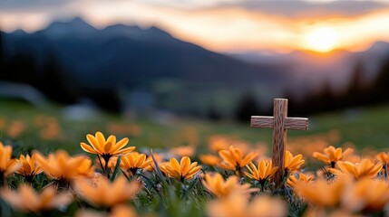 A wooden cross stands in a meadow filled with vibrant orange flowers, with a breathtaking sunset illuminating the sky behind a range of mountains.