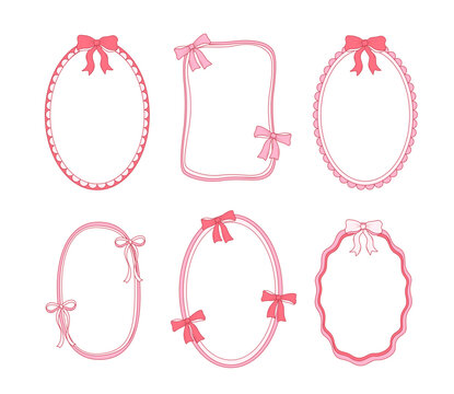 Set of vintage holiday frames with bows, ribbons and wavy lines. Hand drawn vector illustration. Frames greeting cards, wedding in cute elegant coquette style.