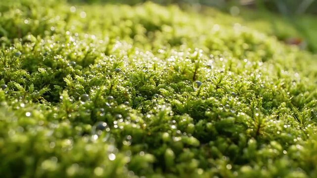Abstract close up of light filtering through water droplets on moss, creating shimmering, ethereal patterns and reflections. Artistic and atmospheric, focusing on the interplay of light, water, and?