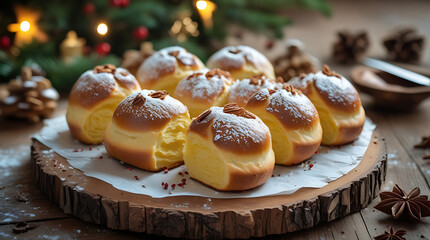 A delectable display of cream puffs dusted with sugar on a wooden serving board, 8k image