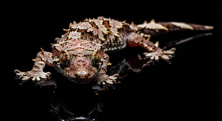 Detailed close-up captures a Satanic Leaf Tailed Gecko against a stark black background