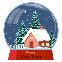 Christmas glass ball with cozy house. Vector illustration.