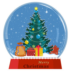 Christmas glass ball with christmas tree and gifts. Vector illustration.