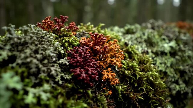 Dynamic time lapse sequence illustrating subtle changes in lichen's appearance due to environmental factors like moisture or sunlight, revealing its slow, persistent life.