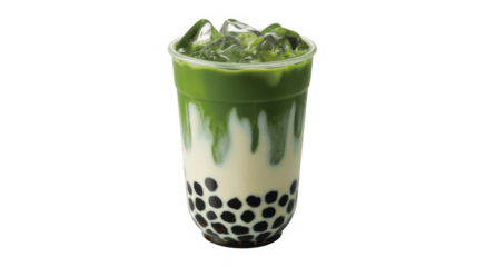 Green matcha bubble tea drink with ice and tapioca pearls isolated on a transparent background