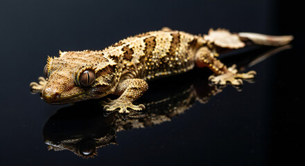 Detailed Satanic Leaf Tailed Gecko shows unique textures and pattern on reflective surface