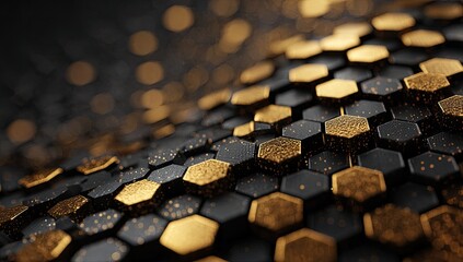 Abstract 3D rendering of honeycomb gold and black pattern with bokeh effect