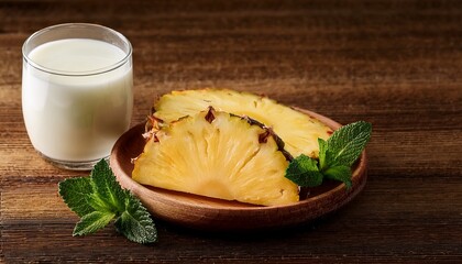 Delicious Juicy Pineapple Slices With Mint And A Glass Of Milk On A Wooden Background Healthy Vitamin Breakfast Healthy Lifestyle Concept