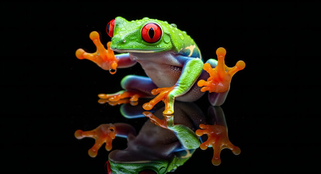 A vibrant red-eyed tree frog showcases its bright coloration against a stark, glossy black surface