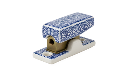 Decorative ceramic latch with blue and white floral pattern and metal pivot—used for securing cabinets, doors, or windows in vintage or artistic interiors