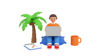 Cartoon man working on laptop under palm tree with coffee and notepad person male isolated on a transparent background