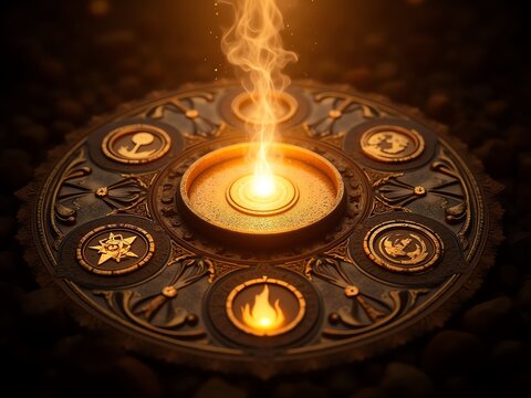 Mystical glowing orb atop an ancient ornate ritualistic disc with astrological symbols, conjuring a magical aura.