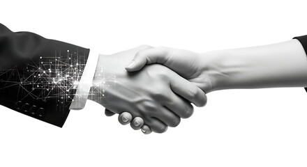 Close-up of two hands shaking with digital network overlay in monochrome handshake agreement isolated on a transparent background