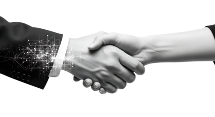 Close-up of two hands shaking with digital network overlay in monochrome handshake agreement isolated on a transparent background