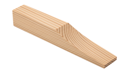 Geometric wooden block with sloped surface and visible grain—precisely cut, smooth finish, used in carpentry as wedge, spacer, or decorative architectural element