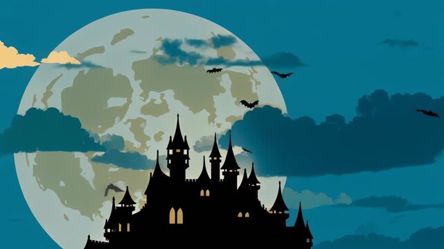 Spooky Halloween Castle with Bats and Full Moon on an Orange Background
