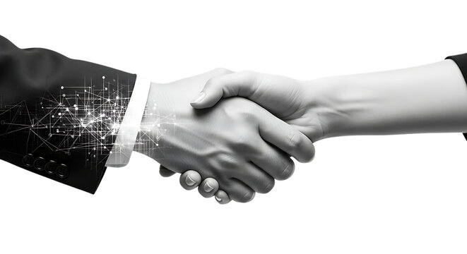 Close-up of two hands shaking with digital network overlay in monochrome handshake agreement isolated on a transparent background