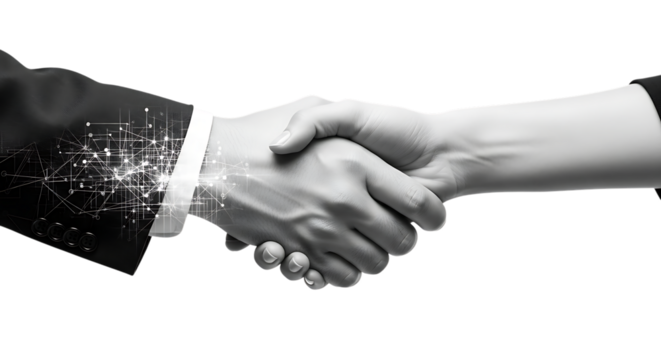Close-up of two hands shaking with digital network overlay in monochrome handshake agreement isolated on a transparent background