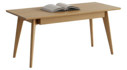 Light wood desk with open book isolated on a transparent background