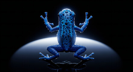 Vibrant blue poison dart frog dramatically lit against a dark backdrop displaying textures