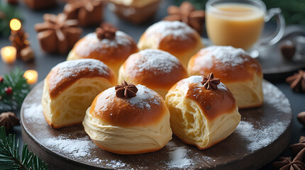 3d sweet buns dusted with powdered sugar and star anise on a wooden serving plate 