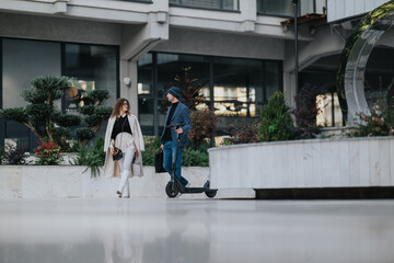 A fashionable man on a scooter chats with a stylish woman as they stroll through a contemporary...