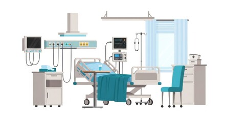 Hospital Bed in Modern Medical Ward with Medical Equipment and Blue Bedding
