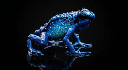 Striking poison dart frog showcasing intricate blue skin patterns against a stark black backdrop