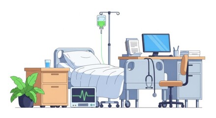 Hospital Bed in Modern Medical Room with Iv Stand Computer Desk and Monitor