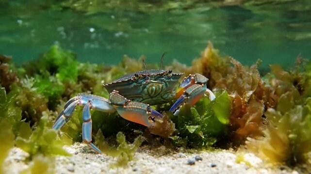 Ghost Crab Camouflage on a Moonlit Tropical Beach Illustrate the remarkable ability of a ghost crab to blend seamlessly with the pale, dry sand under soft moonlight, revealing its nocturnal?