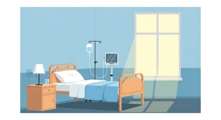 Hospital Bed in Modern Medical Room with Medical Equipment and Natural Light