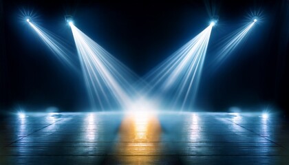 Four Bright Stage Lights Converge In A Dark Setting Creating Intense Beams Of Light