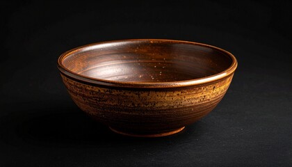A ceramic bowl with a glossy brown glaze—featuring a smooth, rounded shape and horizontal ridges encircling its exterior—placed against a dark background